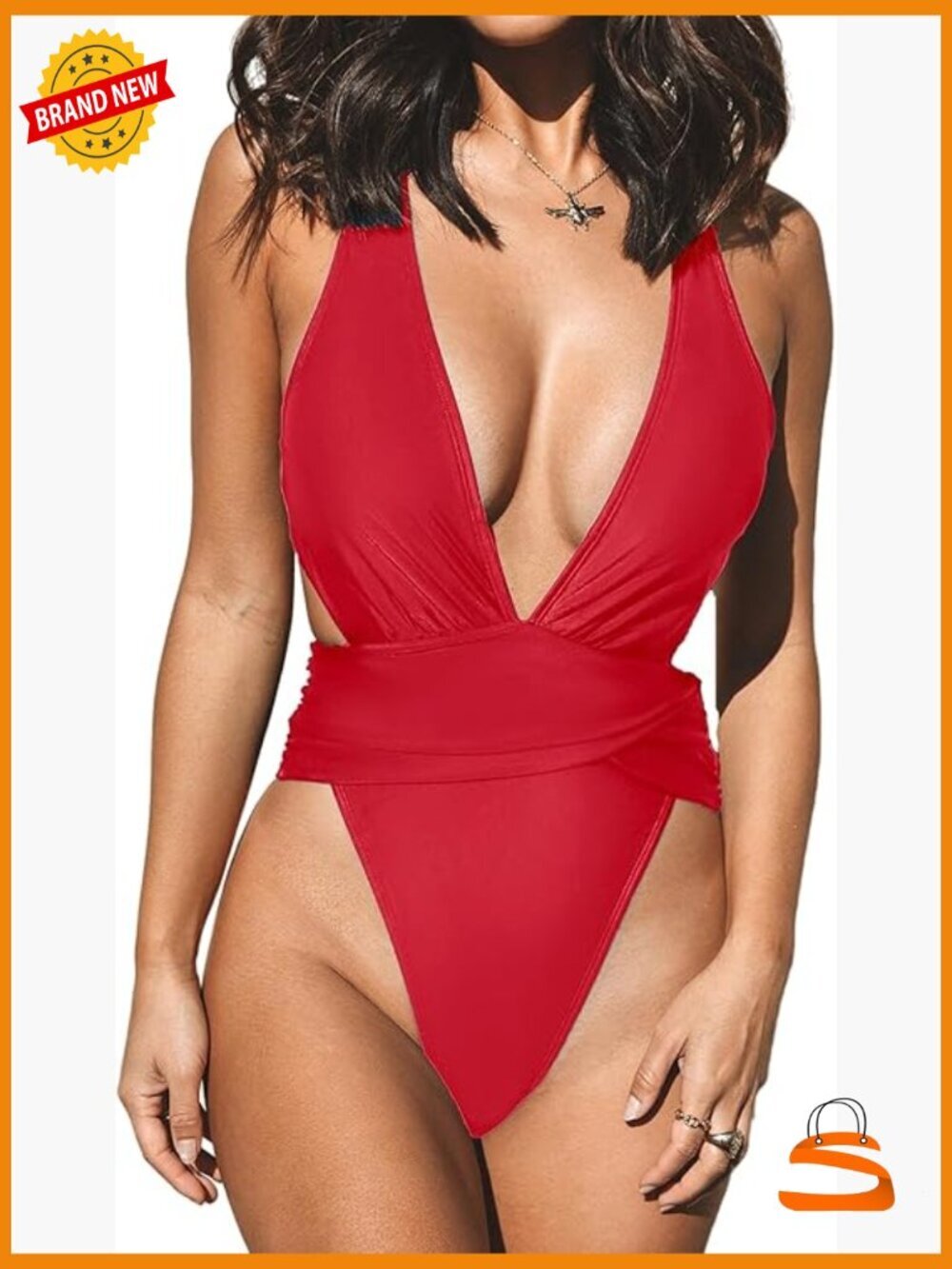 One Piece Swimsuit Cut Out Cross Back Tie Deep V Neck Ruched High Cut